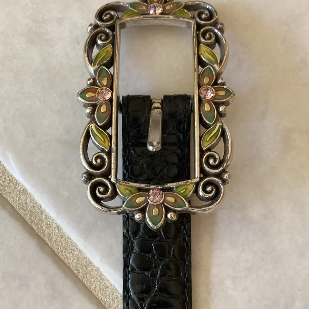 Brighton Slim Black Leather Belt with Ornate Silver Buckle